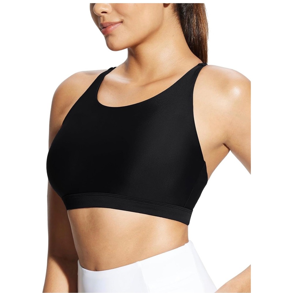 Baleaf Black High‎ Neck Athletic Bikini Top Lycra Sport Racerback Buckle Size 36